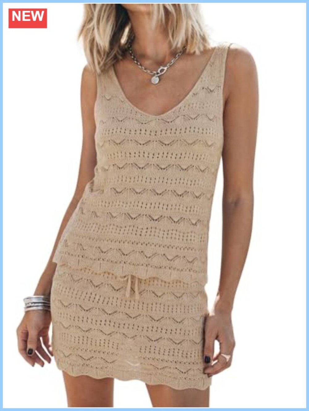 Crochet Knit 2 Piece Swimsuit Cover Up Set V-Neck Tank Top & Drawstring Skirt